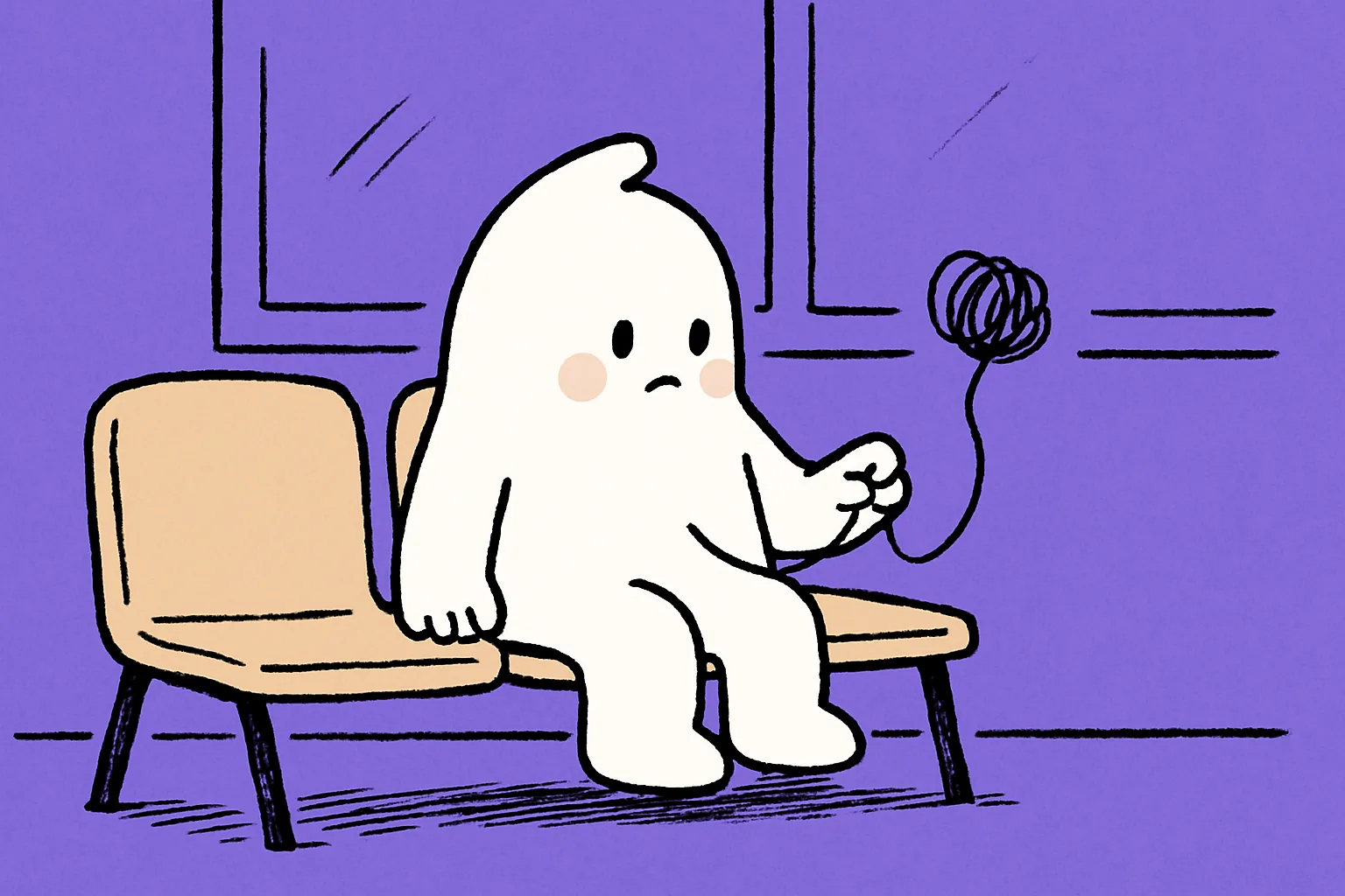 The character sits on a row of waiting-area chairs, pinching a thin black scribble thread that runs out of its own chest, watching it closely.