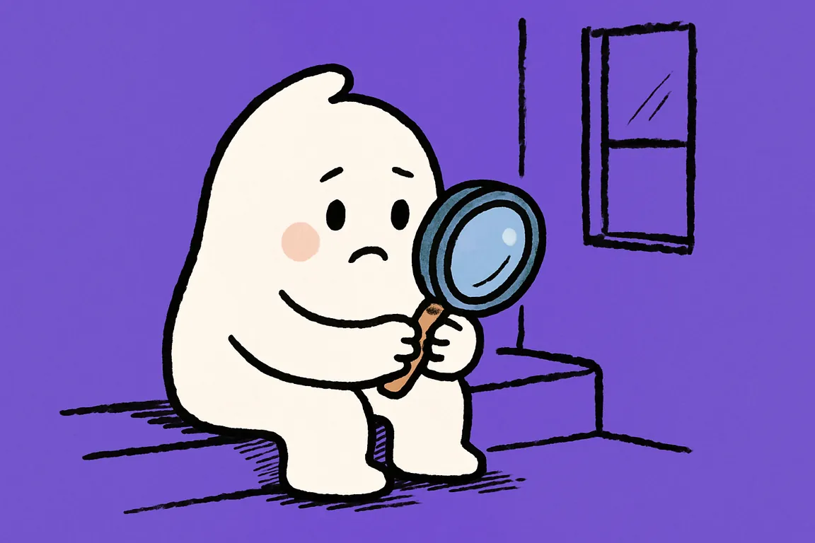 Sitting on a stairwell landing step, the character holds a magnifying glass against its own chest and looks through it, showing how attention magnifies a body sensation.