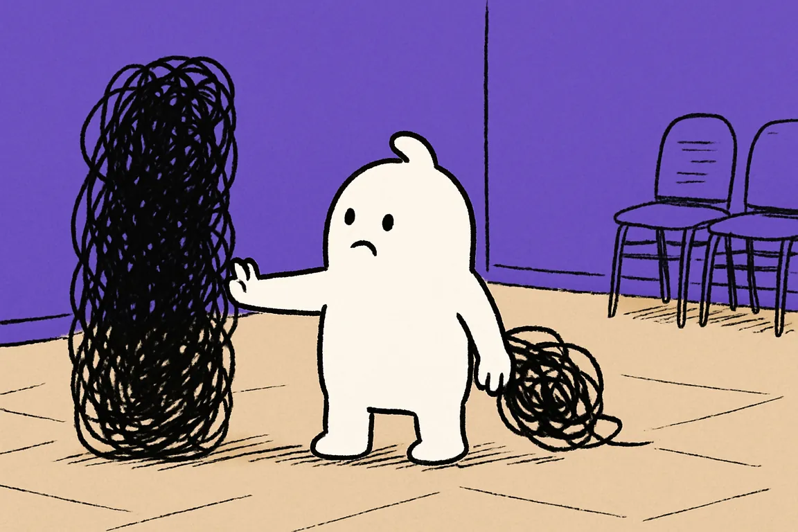 In an empty hall the character pushes a tall black scribble away with one hand while another strand of it loops back over its opposite shoulder.
