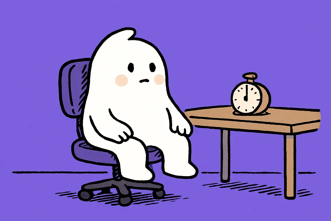 The character sits on a swivel chair turned away from a desk with a timer on it, hands open on its knees, noticing on purpose without checking anything.