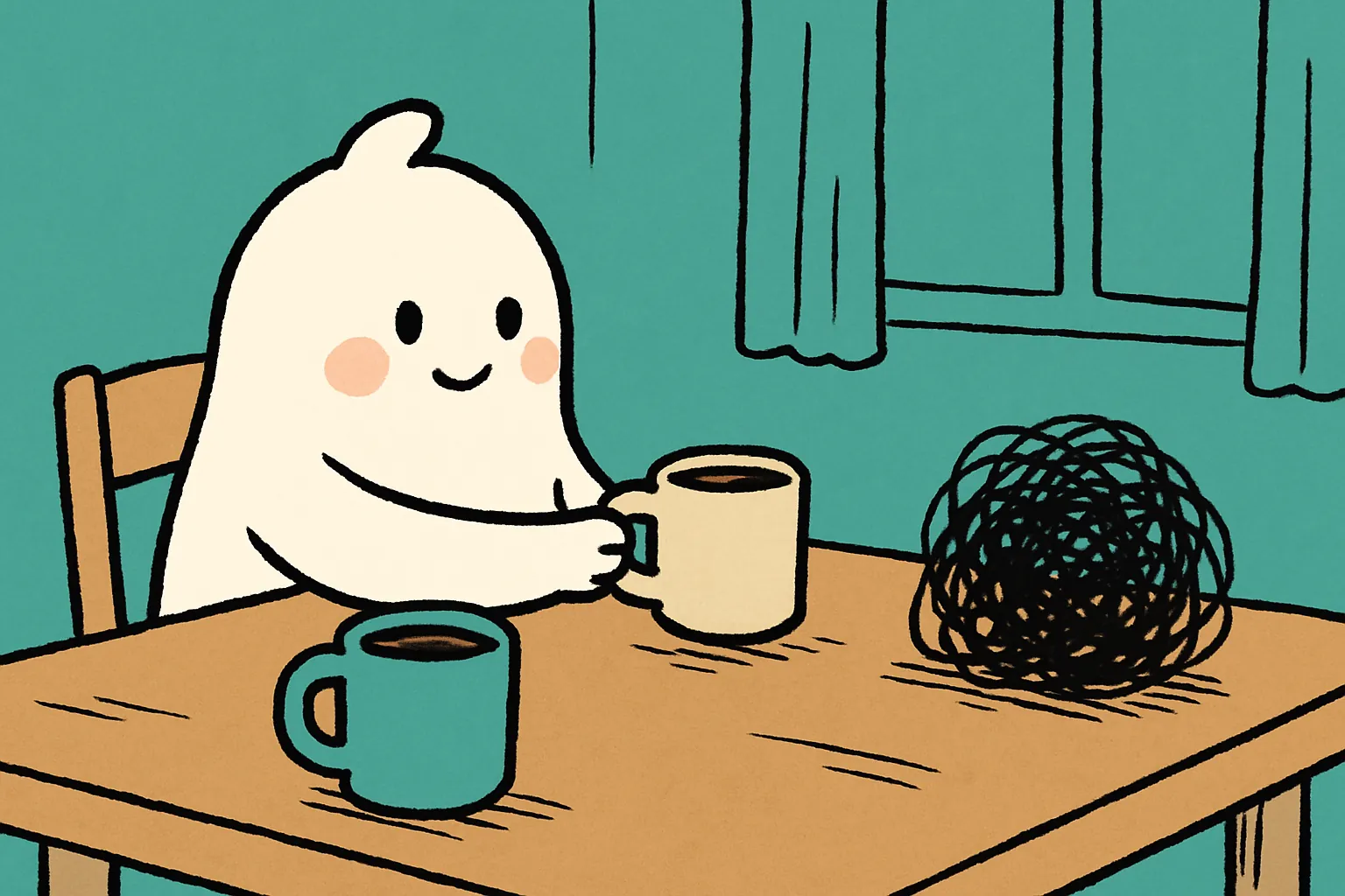 A small white character at a dining table slides a mug of tea toward the empty chair opposite while a small black scribble knot beside it is left untouched.