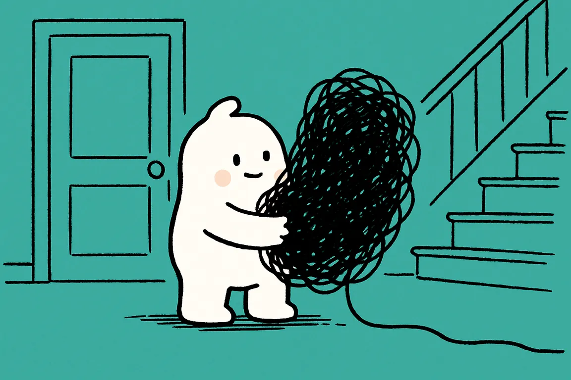 A small white character in a hallway holds a big slack black scribble in both arms while a thin thread from it trails back under a closed door.