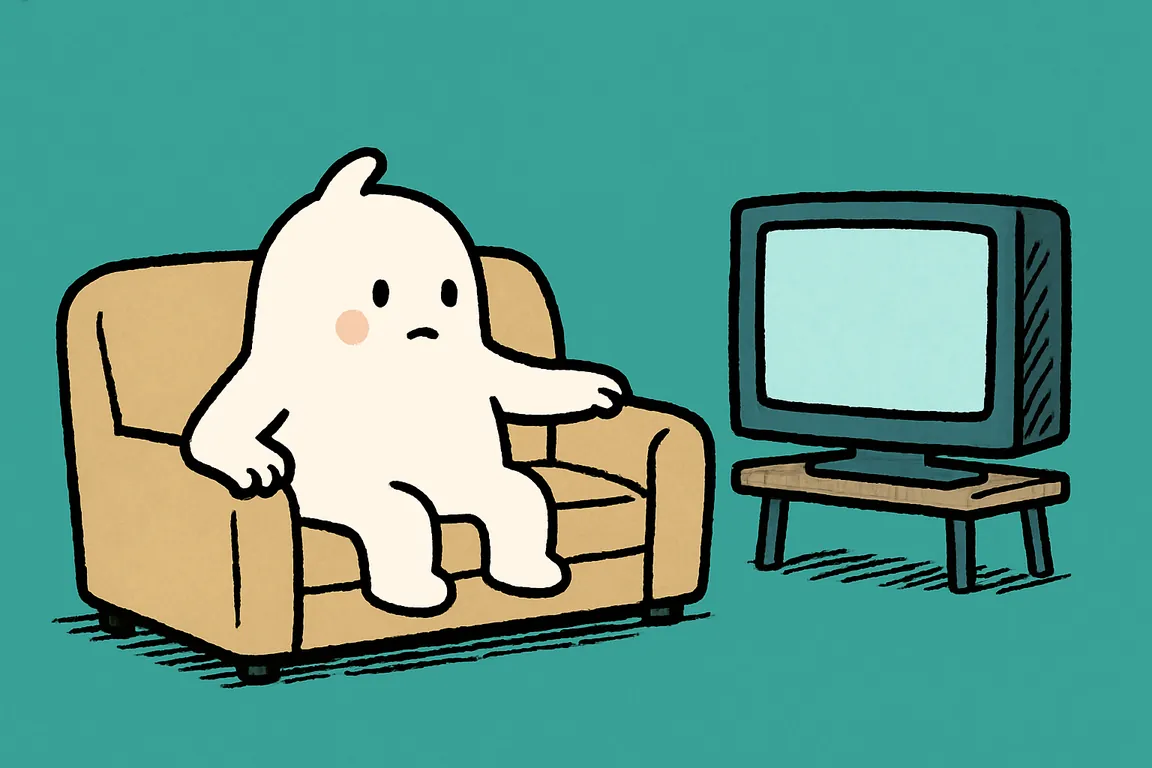 A small white character settles back onto a sofa in front of a softly glowing television, patting the empty cushion beside it.