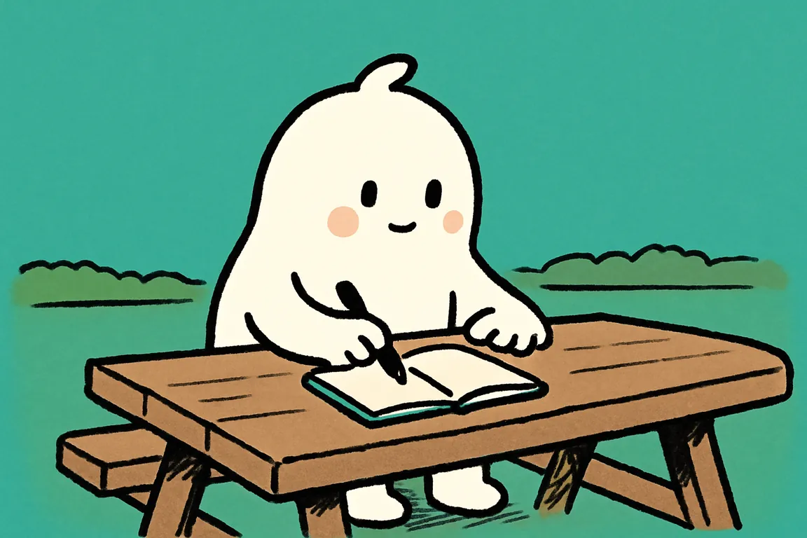 A small white character sits at a park picnic table in daylight with a pen over an open blank notebook, writing something down in advance.