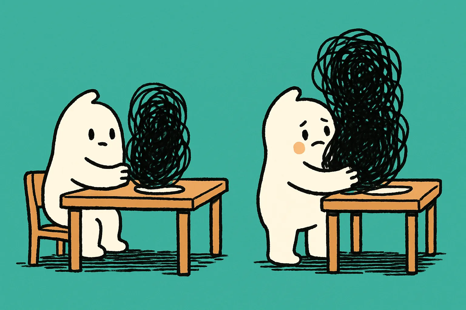 The same character at a kitchen table twice: first lifting a small black tangle off the table, then holding a much larger one against its chest.