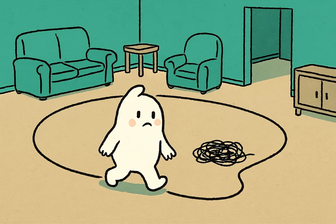 The character walks the long way round the edge of a living room while a thin black tangle lies flat across the direct path.