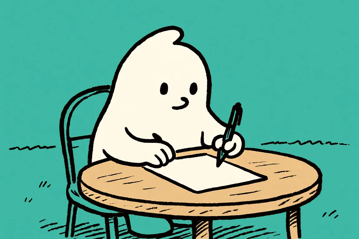 The character sits at a garden table in the morning, calmly writing a list on a single sheet of paper.