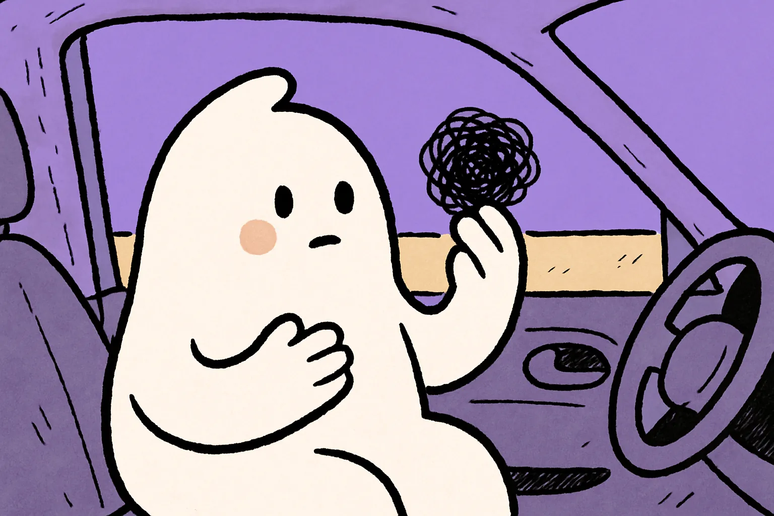 A small white character sitting in a parked car holds a small black scribble up close to its eyes while pressing its other hand to its chest.