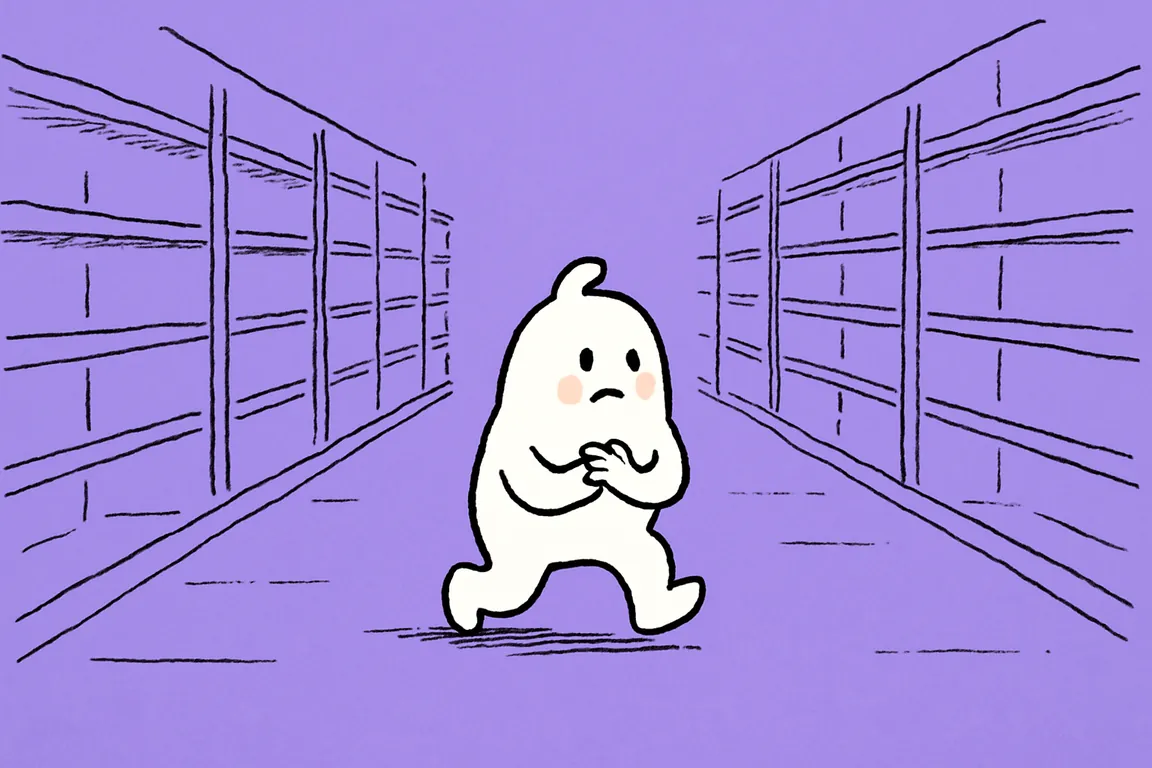 A small white character stops mid-step in a supermarket aisle with both hands pressed to its middle, alone in the aisle.