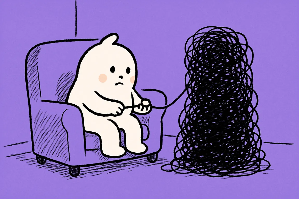 A small white character sits on an armchair pulling a black scribble thread hand over hand while the pile it comes from grows taller than the character.
