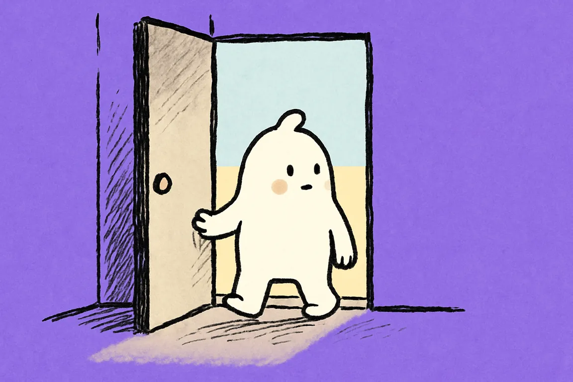 A small white character steps through a half-open front door into daylight with empty hands, looking toward the viewer.