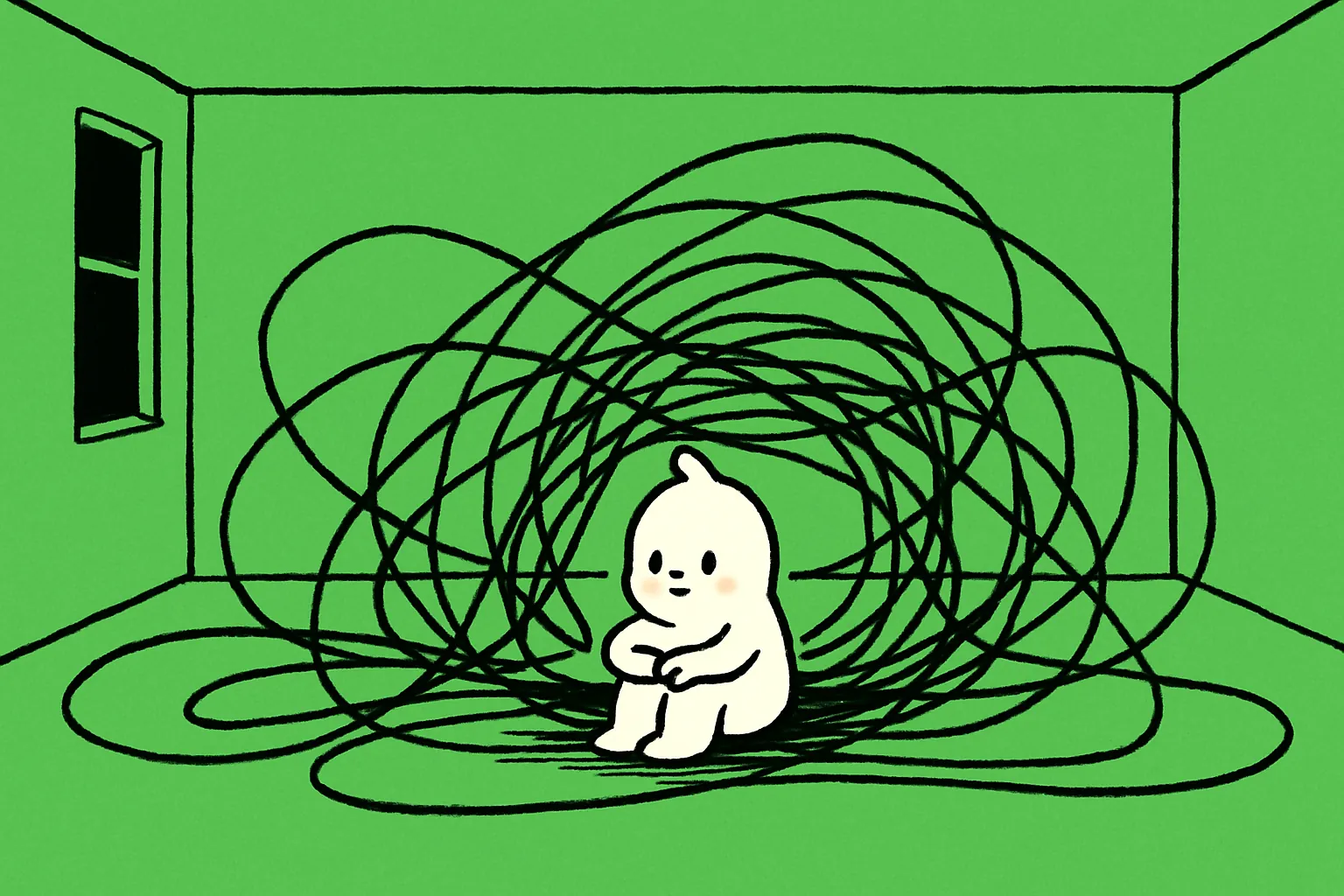 A small white character sitting alone on the floor of a dark empty room while a thin black scribble spreads loosely into every corner around it.