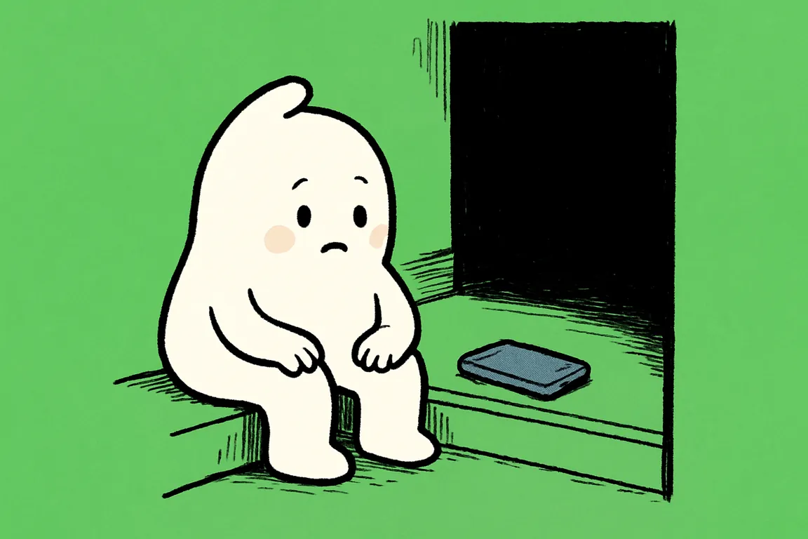 A small white character sitting on the bottom stair at night with its phone face down beside it and an empty dark hallway ahead.