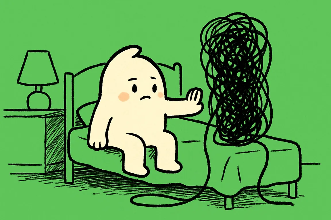 A small white character sitting on the edge of a bed at night pushing a black scribble away with one hand while a thread of the same scribble loops behind it and lands on the duvet beside it.