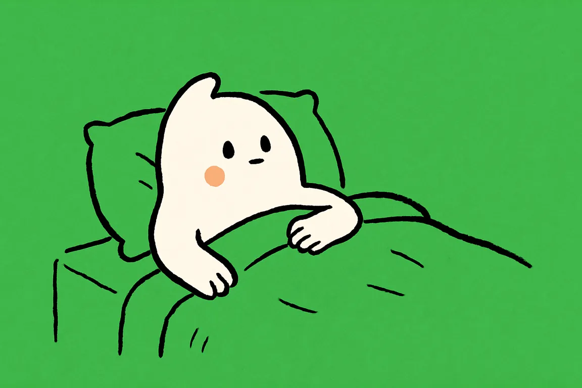 A small white character lying in bed at night under the duvet, eyes open and one hand on its chest, staying put rather than getting up.