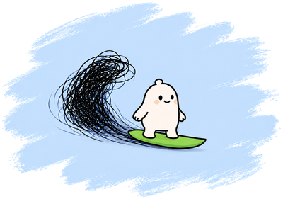 A small cream character riding a green surfboard just ahead of a scribbled black OCD wave, on a wide brushed patch of sky blue