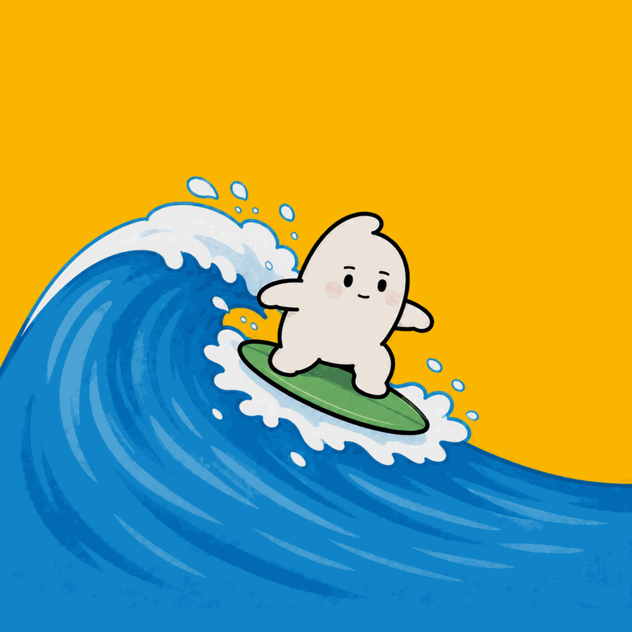 Surf OCD's mascot riding a cresting blue wave against a golden sky